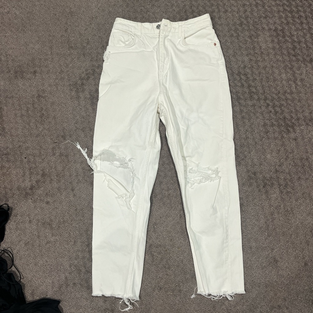 Zara High Rise White Distressed Jeans